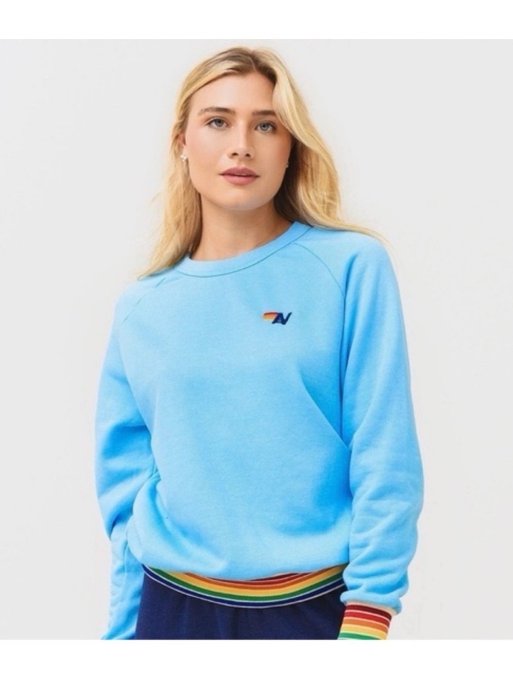 Aviator Nation Sky Blue Crewneck with Rainbow Trim